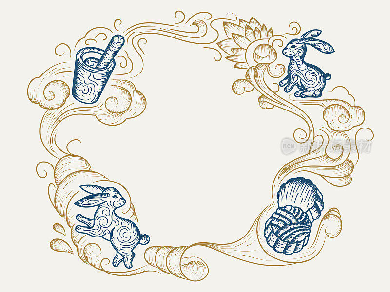 Mooncacke sketch and hand drawn rabbit or bunny for mid autumn or harvest moon festival celebration. Vintage and retro background for mid-autumn holiday with wavy line art. China and asia festive